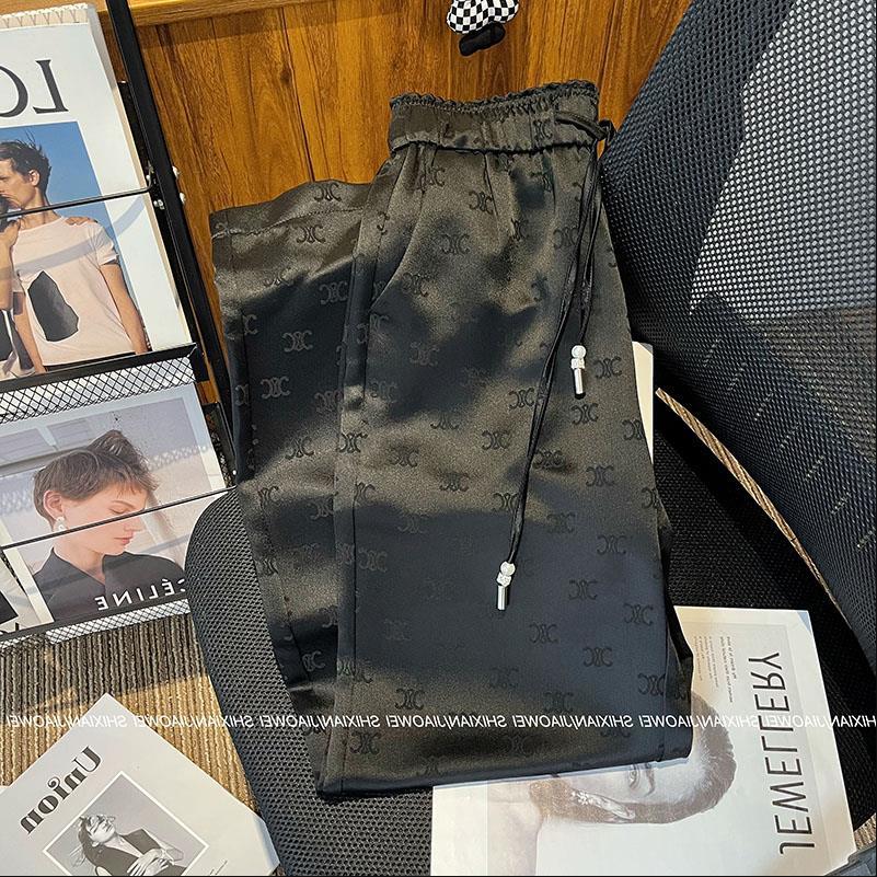 Women`s high elastic waist pants sashes with drawstring logo print satin fabric long trousers plus size MLXL