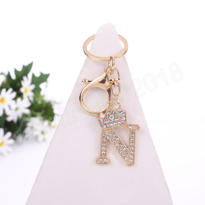 Luxe Rhinestone Crown 26 Letters Car Keychain Accessories Creative A-Z Initialen Gold Keyring Women Bag ornamenten