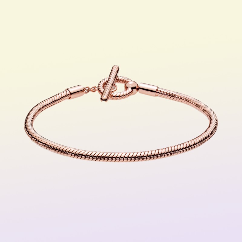 Bracciale a catena T-Bar in argento sterling 925 con momenti in oro rosa adatto l'autentico fascino europeo ciondola le donne Gioielli fai da te di moda5151213