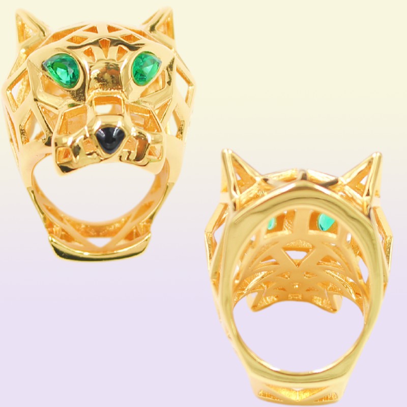 Trendy Hollow Leopard Animal Finger Ring Green Eyes Hollow Panther Heads Rings for Men Women Party Jewelry1140960