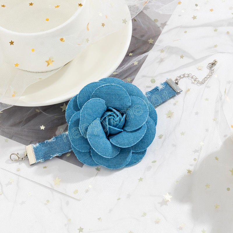 Elegant Blue Denim with Big Flower Bracelet for Women Trendy Making Old Cowboy Hand Chains Fashion Jewelry Accessories Gift