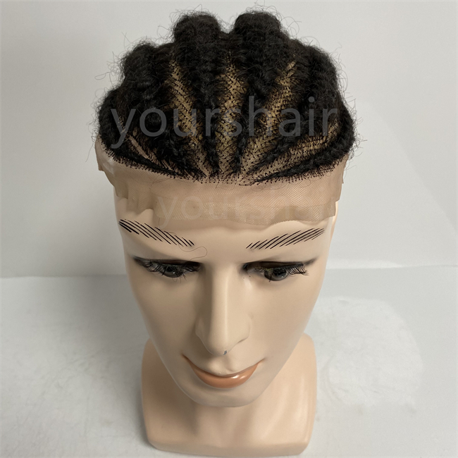 Brazilian Virgin Human Hair Replacement Afro Corn Braids Color 1b# 8x10 Full Lace Toupee for Black Men