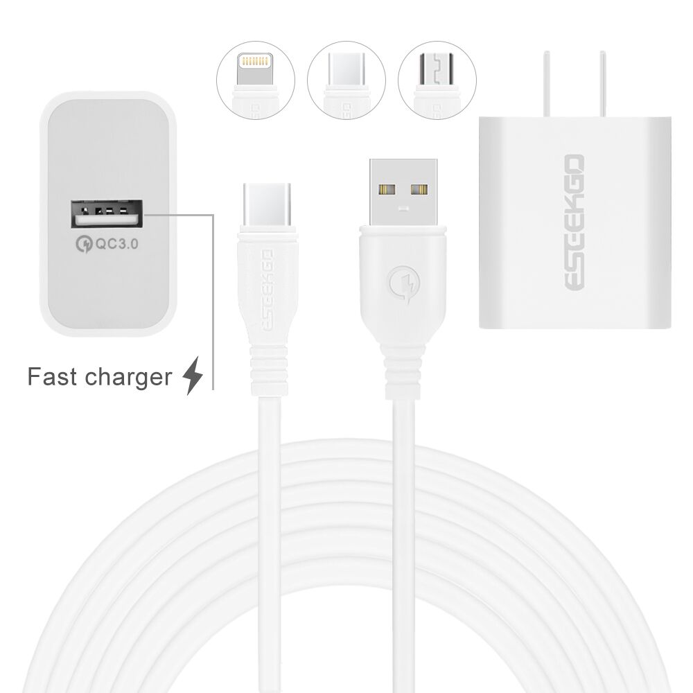 Nova chegada eseekgo QC-06 conjunto 1 * USB-A qc3.0 adaptador de viagem com cabo de dados de 1m carregadores rápidos ue/eua na caixa de varejo