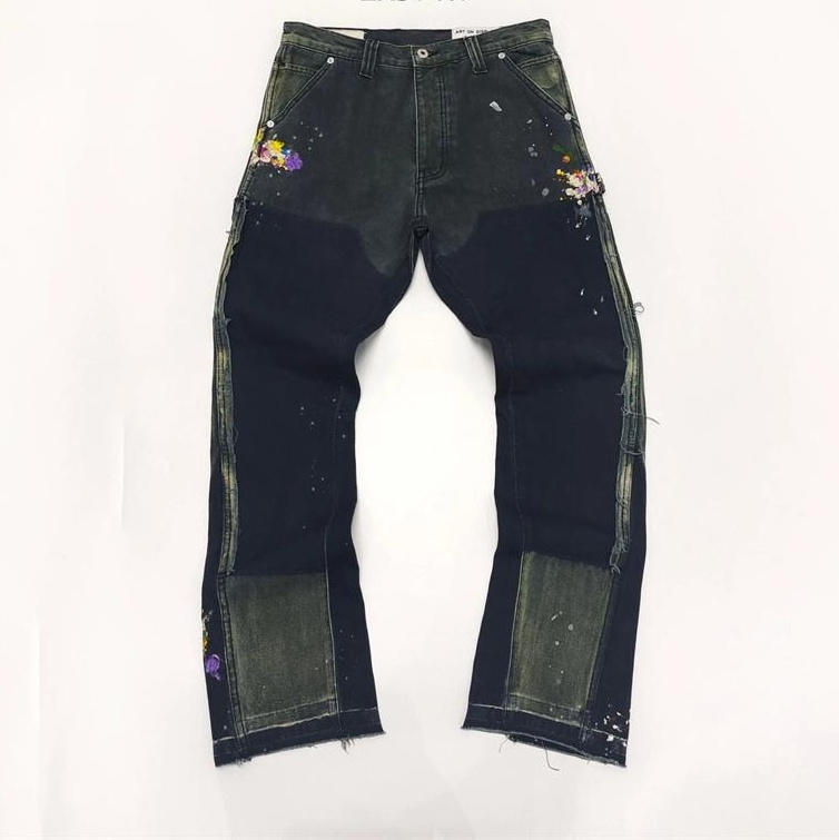 24SS Jean vintage de détresse pour hommes, pantalon cargo peint à double genou, printemps été