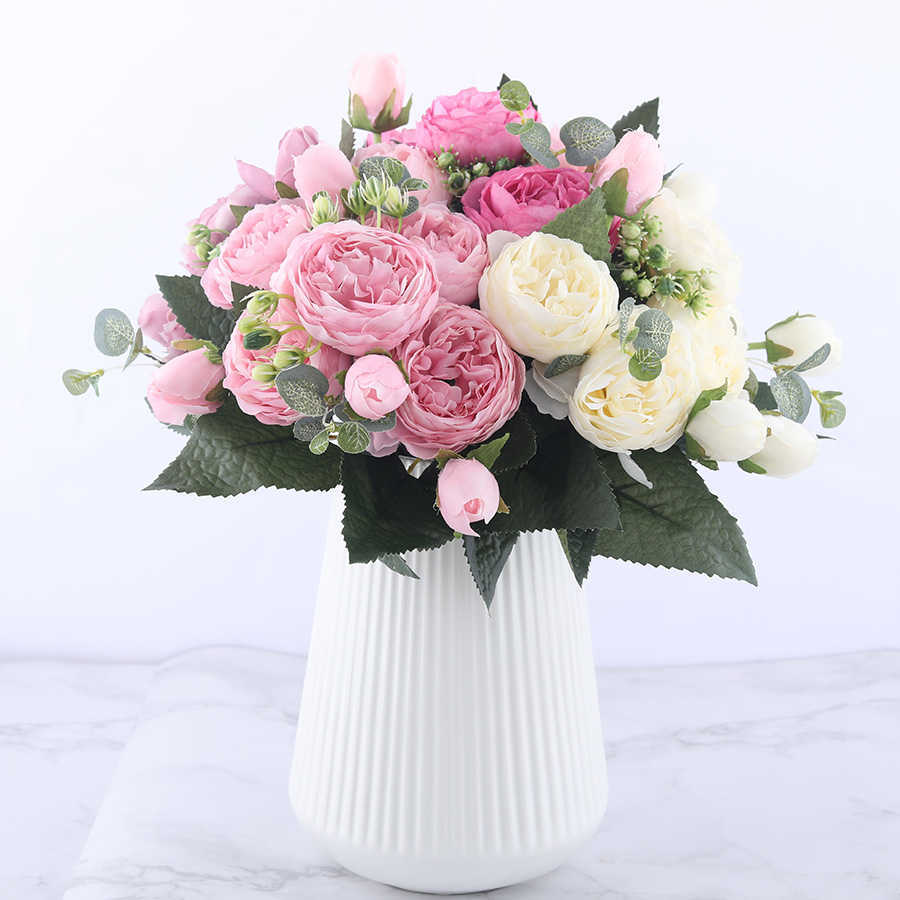 Nieuwe 30 cm roze roze zijden pieter kunstmatige bloemen boeket 5 grote kop en 4 knop goedkope nepbloemen voor huis bruiloft decoratie indoor