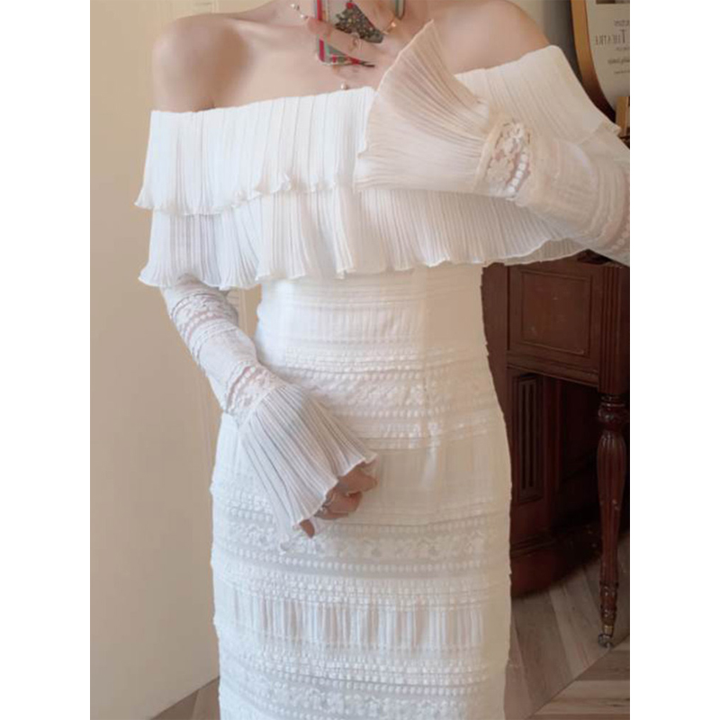 Women's casual dresses white color slash neck off shoulder flare long sleeve slim waist lace miidi long vestidos SMLXL