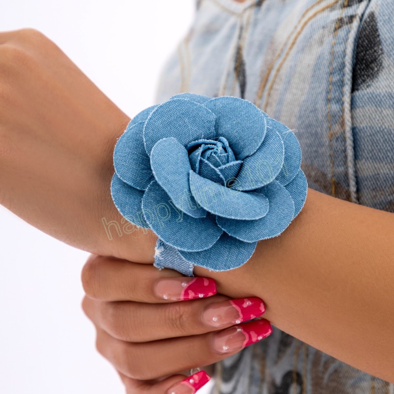 Elegant Blue Denim with Big Flower Bracelet for Women Trendy Making Old Cowboy Hand Chains Fashion Jewelry Accessories Gift