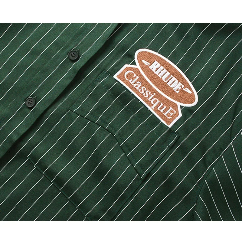 24SS Oversized Stripe Lapel Shirts Men Women Loose Patch Embroidery Brown Green White Black Short Sleeve