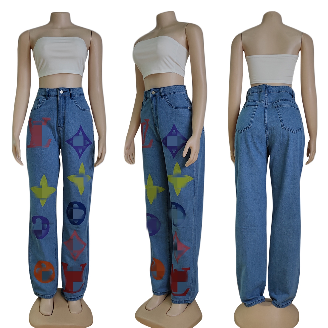 Designer Denim Cloth Jeans Women Casual High Waist Loose Wide Leg Pants Trousers Free Ship