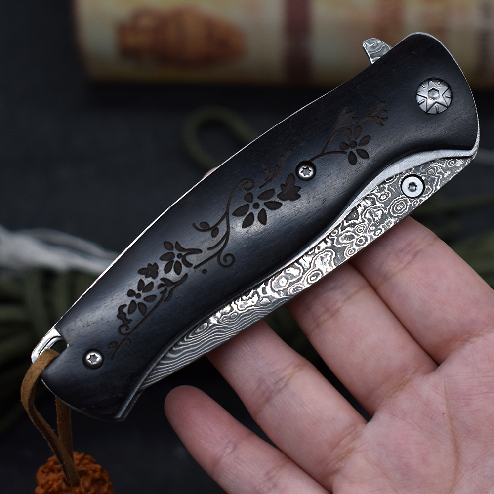 A1899 Folding Knife Damascus Steel Drop Point Blade Ebony Handle Ball Bearing Fast Open EDC Pocket Folder Knives Bästa gåva