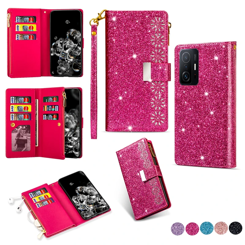 Luxe Flip Glitter Lederen Portemonnee Tas Case Voor Xiaomi Mi 12T 11T Pro 13 Ultra 13 12 10T Lite 12X 12S Pro Kaarthouder Magnetische Stand Cover