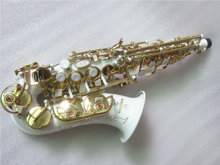 Nowy zakrzywiony sopranowy saksofon S-991 White Sax Musical Instrument Profesjonalny występ z akcesoriami skrzynek