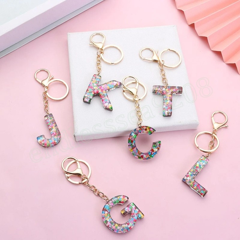 Mode résine 26 Alphabet porte-clés sac à main pendentif breloques coeur Sequin lettre porte-clés pour femme