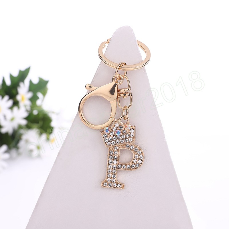 Luxe Rhinestone Crown 26 Letters Car Keychain Accessories Creative A-Z Initialen Gold Keyring Women Bag ornamenten