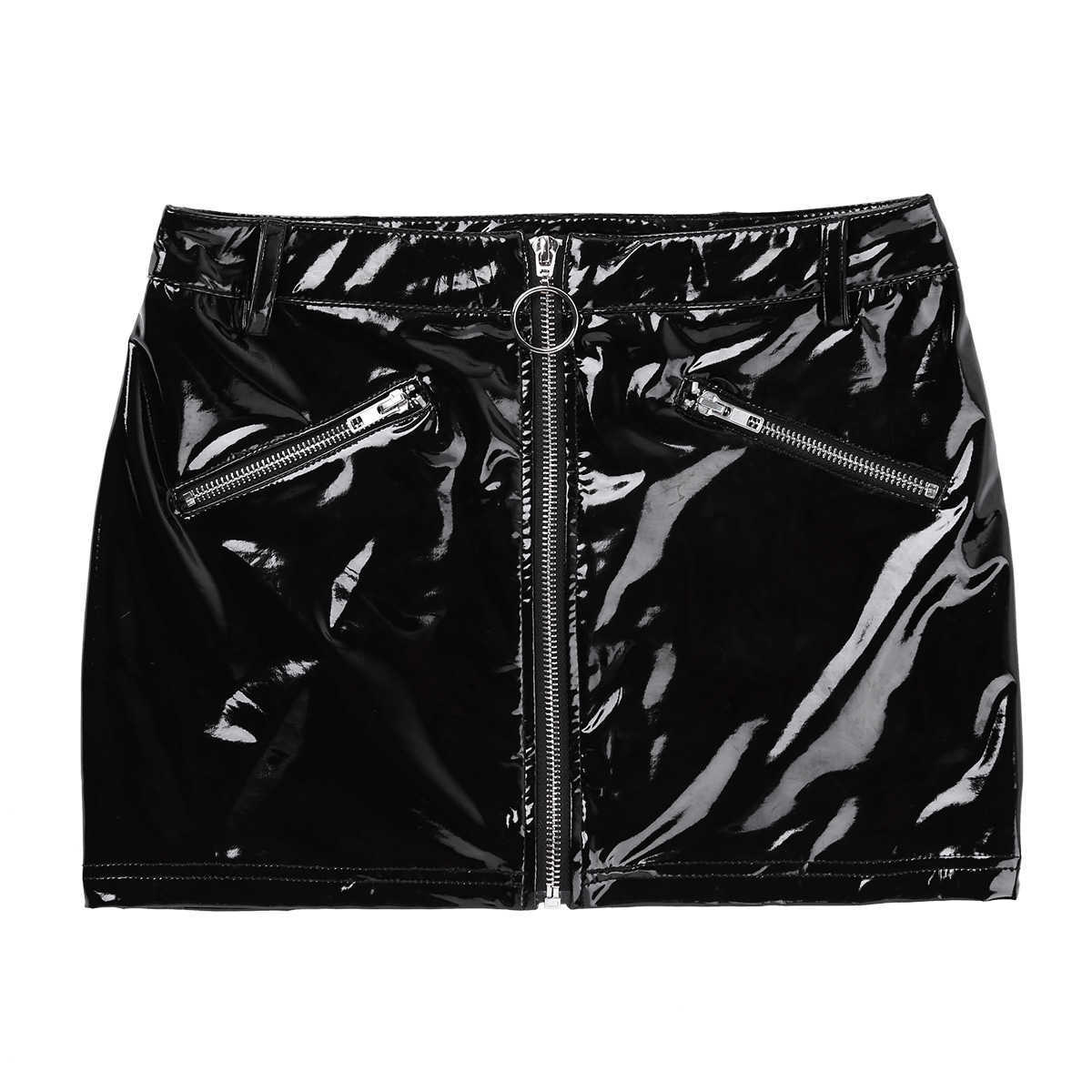 Skirts Women Shiny Stretchy Black Faux Leather Skirt Y2k Clothes Street Style Bottoms 2000s Aesthetic Bodycon Mini Skirts Sexy Clubwear P230422