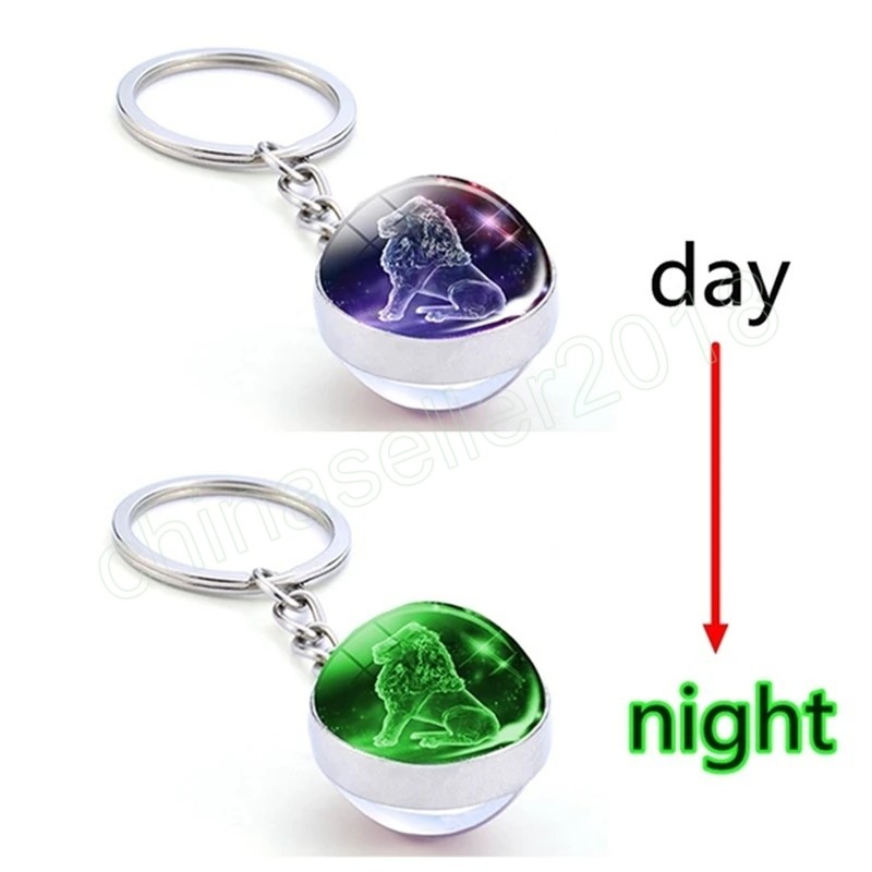 Luminous 12 Constellation Glass Ball Key Pierścienie dwustronne zodiakowe klęcznik Blask w ciemności dla kobiet Prezent urodzinowy