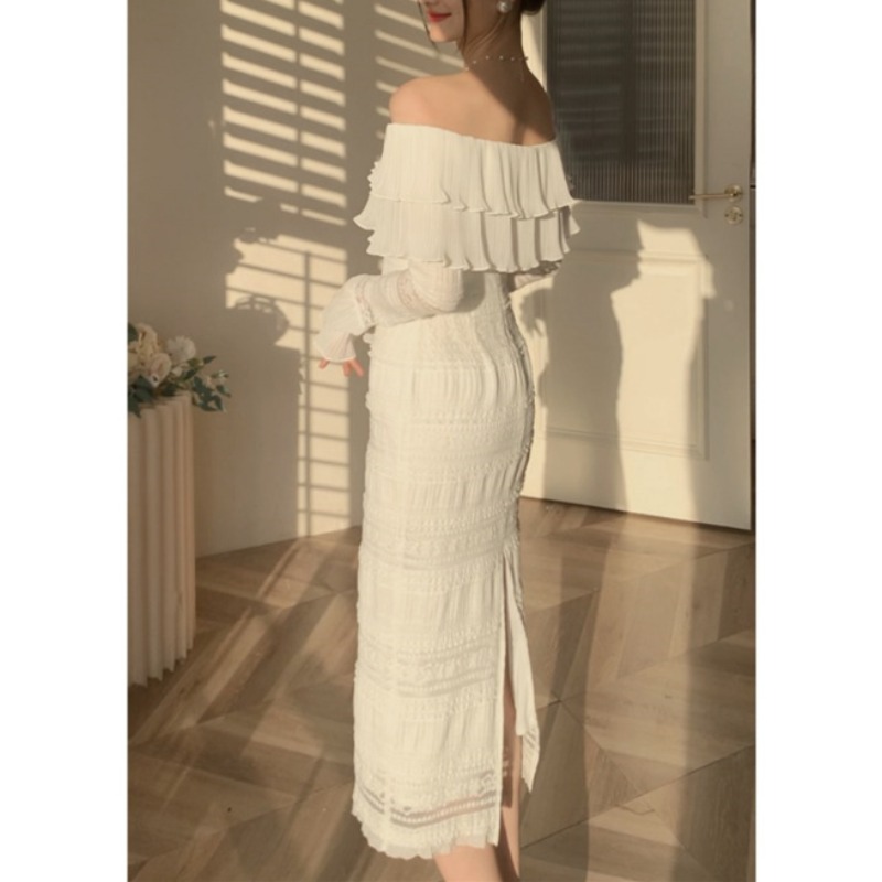 Dames sexy feestjurken met schuine hals off-shoulder flare lange mouwen slanke taille potlood midi lange jurk SMLXL witte kleur