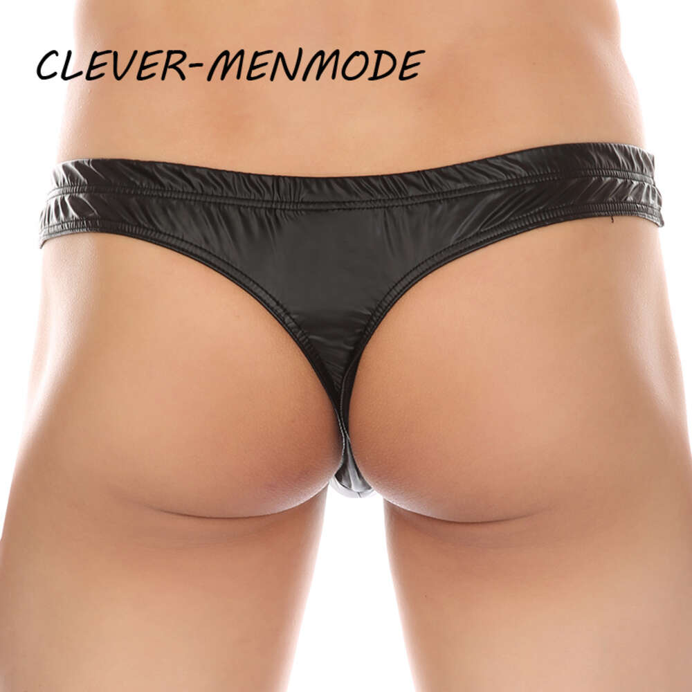 Men's Sexy PU Elastic Thong Soft Seamless Bag Panties Metal Ring Decorative Underwear Men G-string Sissy Bikini