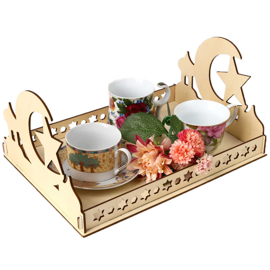 New Wooden Eid Mubarak Food Tray Ramadan Decoration for Home Cake Display Islam Muslim Party 2023 Ramadan Kareem Eid Gifts