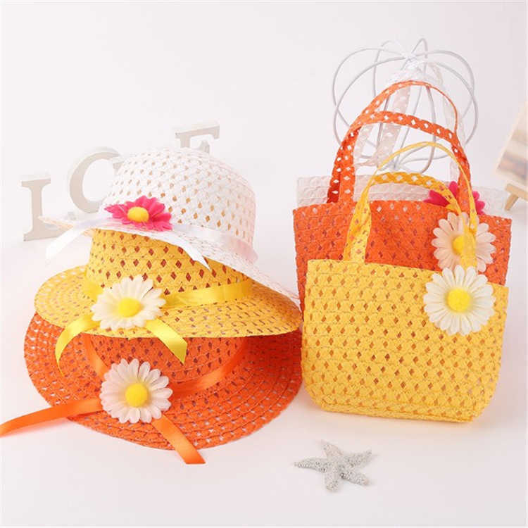 Caps S Summer Hunflower Straw Handbag Suit Kids Beach Bearsable Flower Tote Set Set Hat and Bag for Girl Accessories 2-6 Year P230424