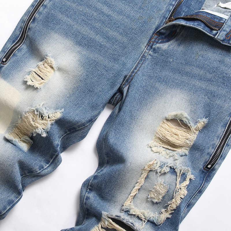 Retro Blue Slim-Fit Men's Jeans Nostalgic Ripped Denim Pants Zip Decorate Men Clothing