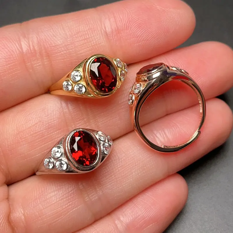 925 Gümüş Garnet Halkası 6mmx8mm VVS 1CT Günlük Aşınma İçin Doğal Garnet Halkası Solma 3 Katman 18K Altın Kaplama Taş Takı