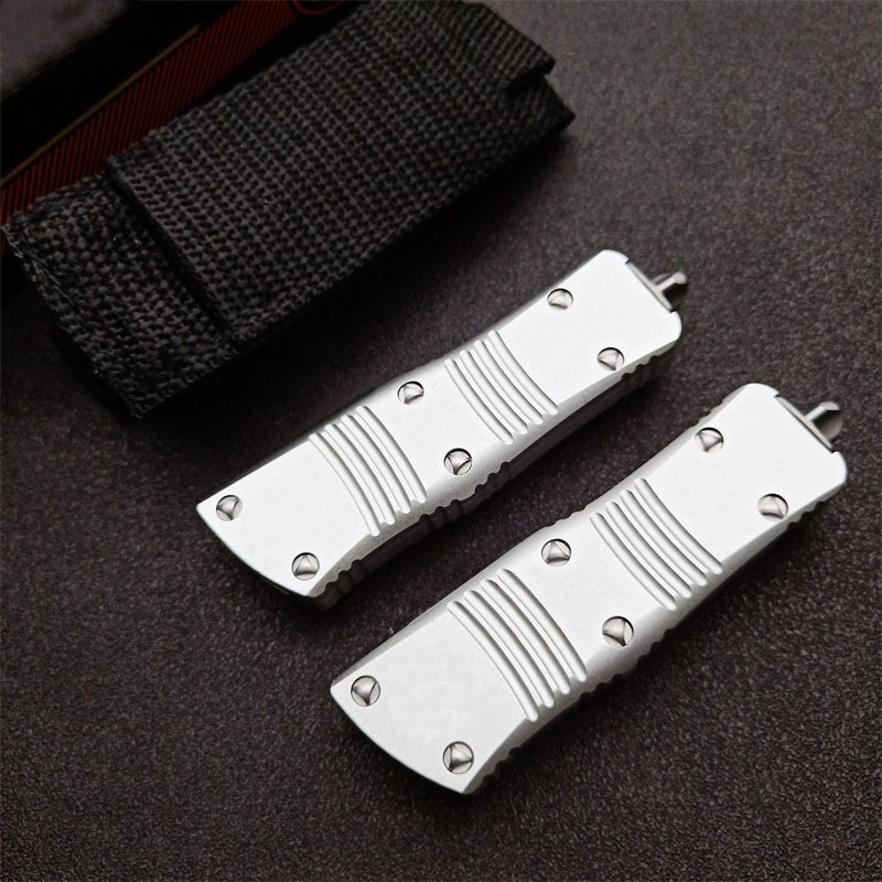 High Quality High End Silver MT UT AUTO Tactical Knife D2 Stone Wash Blade CNC 6061-T6 Handle EDC Gift Knives With Nylon Bag