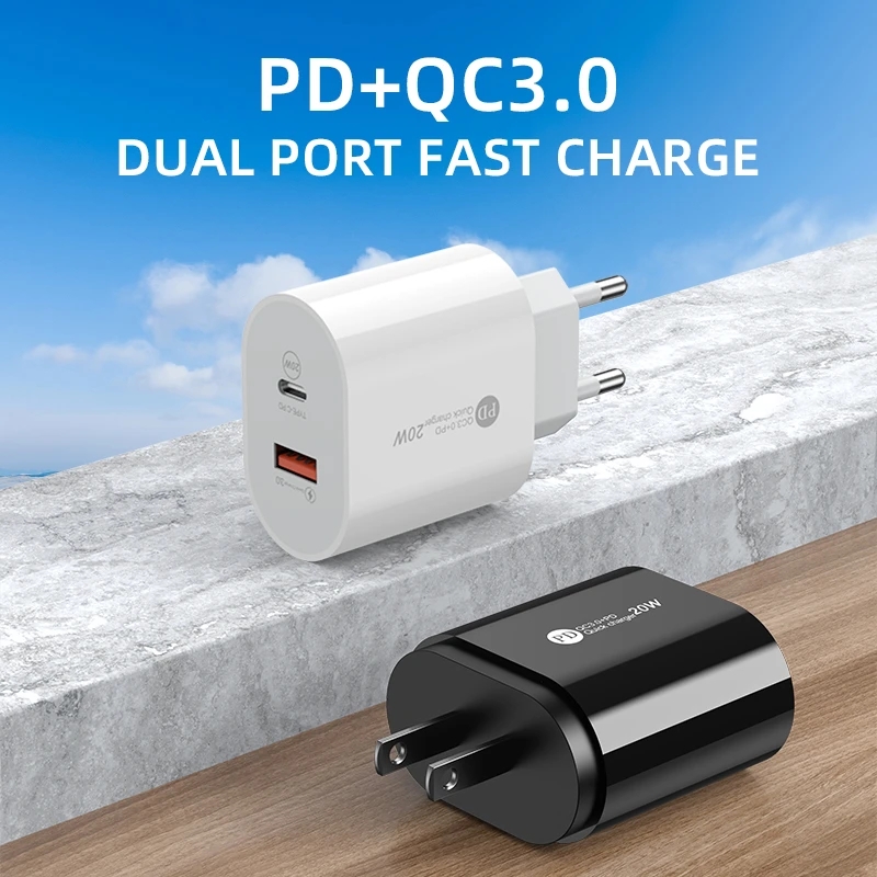 Caricatore USB a 2 porte Carica rapida 3.0 PD 20W Tipo C Caricatore telefono Adattatore di ricarica rapida Huawei Xiaomi Samsung