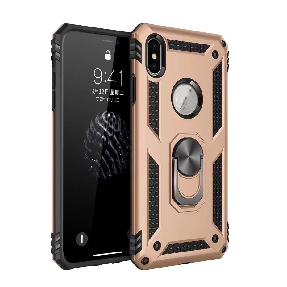 Stuffsäker rustning Kickstand Telefonfodral för iPhone 14 13 12 Mini 11 Pro XR XS Max Magnetic Finger Ring Anti-Fall Mobile Back Cover