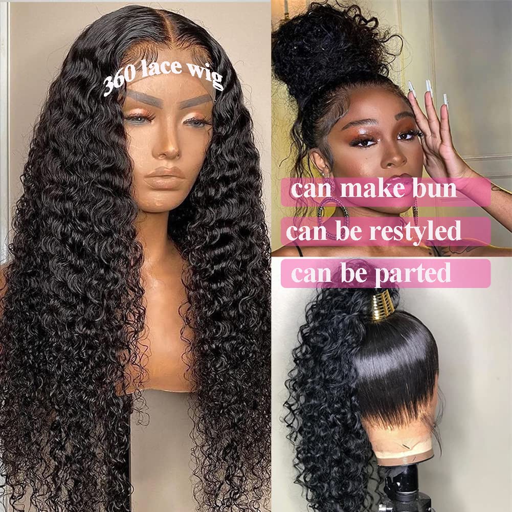 Deep Wave 360 Lace Front Wigs Human Hair Wigs for Black Women 360 Full Lace Wigs Pre Plucked, Deep Curly frontal Wigs Natural Hairline 130%denstiy