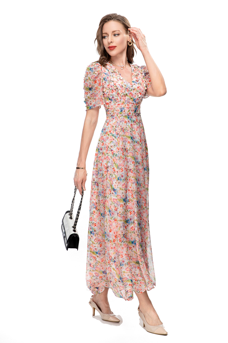 Women's Runway Dresses Sexy V Neck Short Sleeves Floral Printed Beaded Elegant Fashion Designer Maxi Vestidos