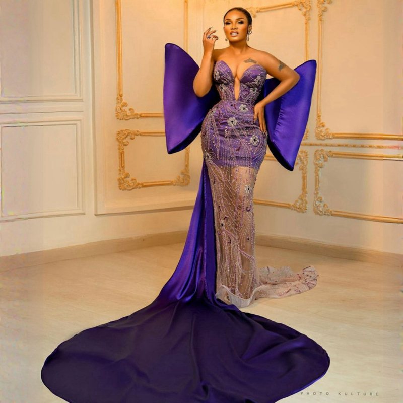 2023 Aso Ebi Purple Prom Gowns Derin V-Neck Dantel Tül Akşam Partisi İkinci Resepsiyon İkinci Resepsiyon Afrika Arapça Resmi Elbise Bow Nişan Gowns ST252