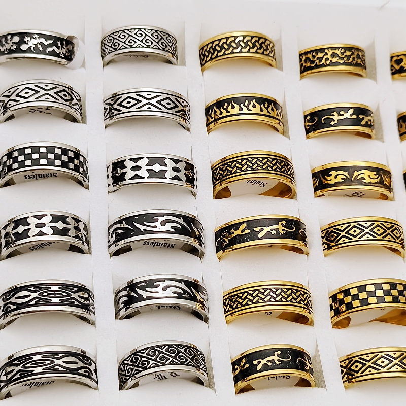 24 szt. Moda hurtowa nowe pierścienie ze stali nierdzewnej dla mężczyzn mody biżuterii czarny geometryczny wzór świąteczny