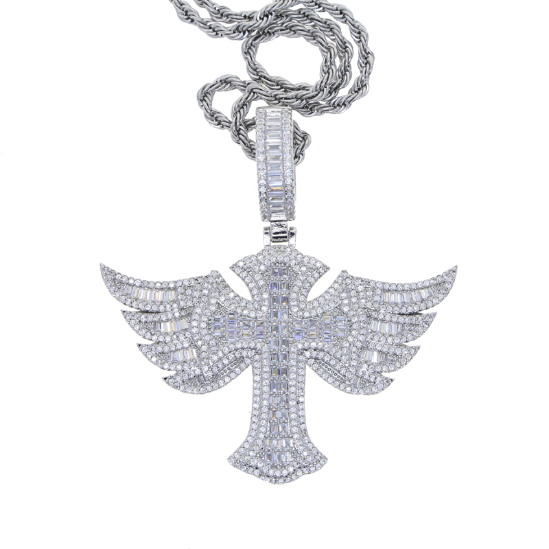 Designer Big Cross with Wing Charm Pendant Necklace with Rope Chain Hip Hop Women Men Full Paved 5A Cubic Zirconia Christ Men Gift Jewelry