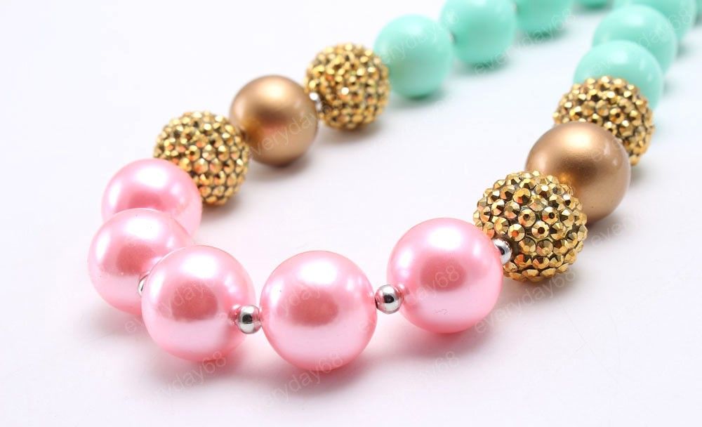 Collier de perles épaisses pour bébés filles, or/rose/vert menthe, collier Bubblegum épais pour enfants, bijoux à la mode