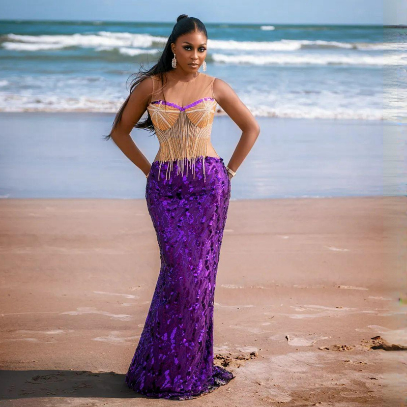 2023 Aso Ebi Purple& Gold Mermaid Sheer Neck Beading Prom Dress Tulle Party Evening Second Reception Birthday Engagement Nigeria Style Gowns Dresses AM011