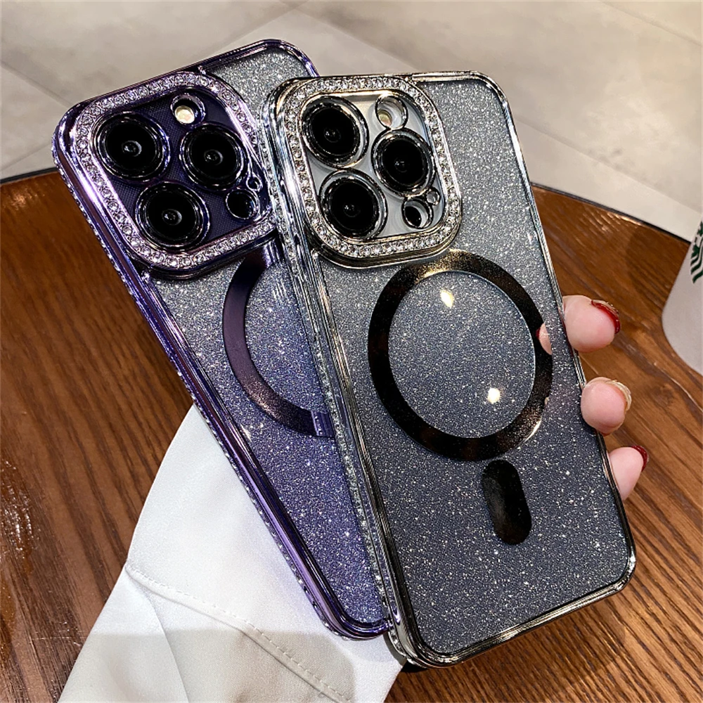 Magsafe manyetik şarj telefon kasası için iPhone 15 13 12 11 14 Pro Max Plus Kamera Lens Kenar Kaplama Glitter Rhinestones Gradyan Şeffaf Yumuşak TPU Kapağı