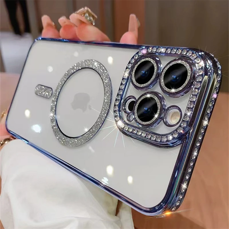 Clear Plating Glitter Diamond Magnetic Phone Case For Magsafe iPhone 15 11 12 13 14 Pro Max Rhinestones Camera Lens Protection Cover