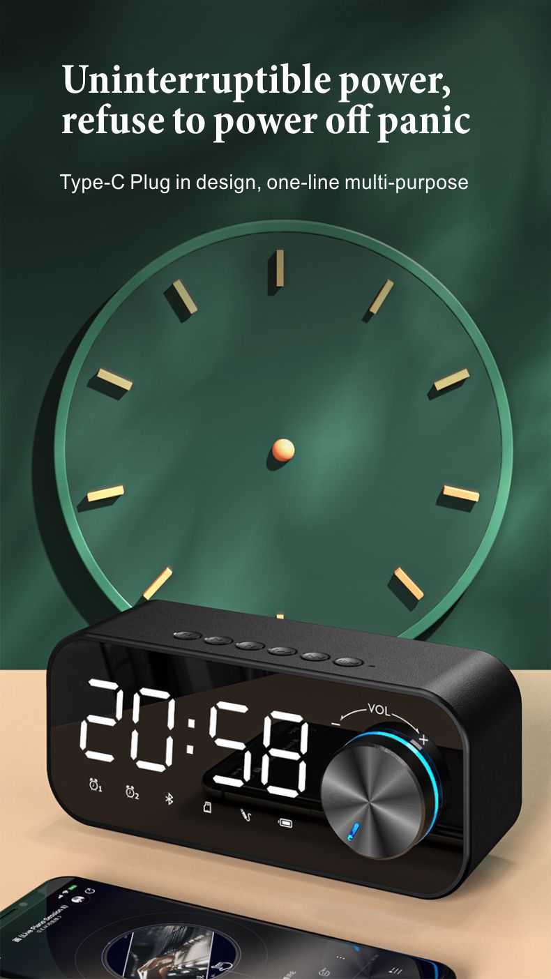 Horloge miroir Mini haut-parleur Bluetooth avec lumière Double réveil Haut-parleurs portables sans fil Subwoofers Soundbox Prend en charge la carte TF Lecteur de musique MP3