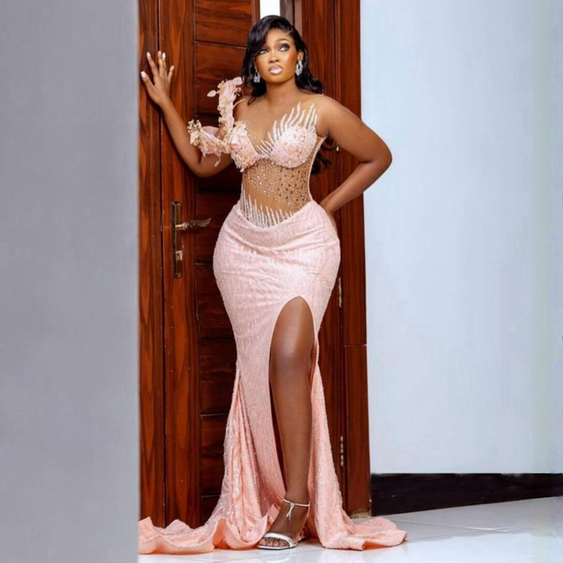 Lastest Aso Ebi Light Pink Prom Gowns Mermaid Illusion Evening Birthday Party Second Reception African Arabic Nigeria Formal Dress Bridesmaid Engagement ST262