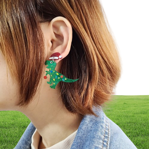 Jul dinosaurie dingle örhänge för kvinnor ny grön glitter akryl smycken mode tillbehör222v4223529