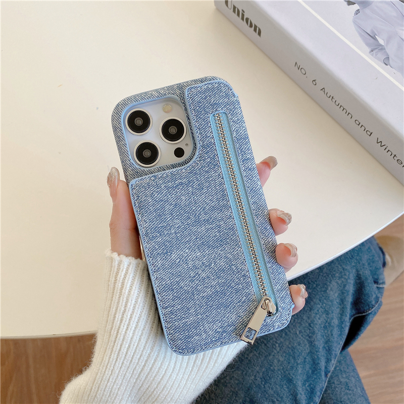 Luxury Folio Jeans Zipper Vogue Phone Case for iPhone 15 Plus 14 13 12 11 Pro Max XR XS Sturdy Dual Card Slots Leather Wallet Chain Back Cover with Cosmetic Mirror