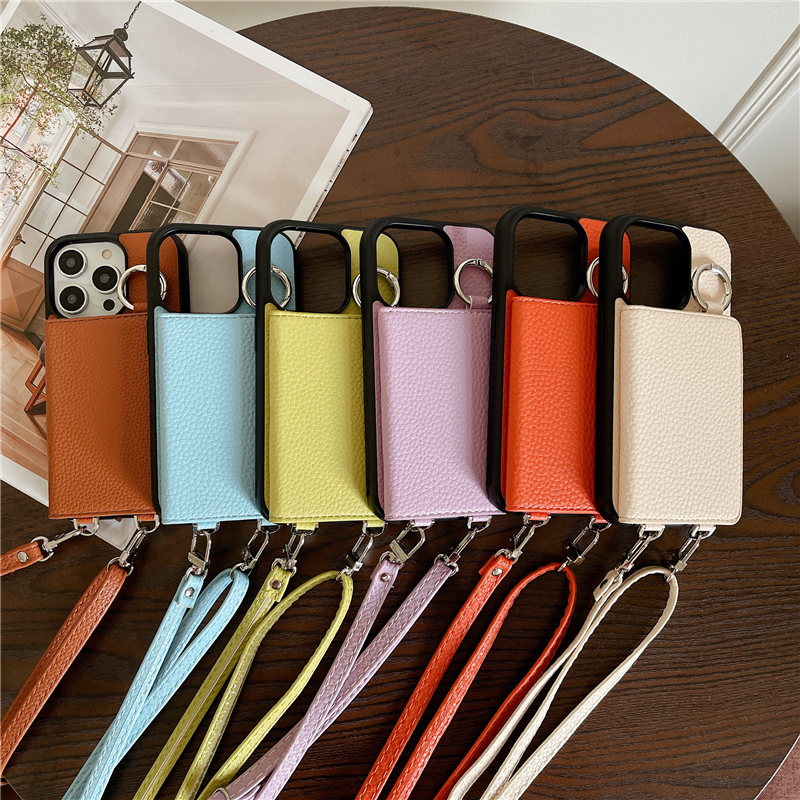 Funda de teléfono con cremallera y patrón de lichi de hombro de lujo para iPhone 15 Plus 14 13 12 11 Pro Max XR XS Múltiples ranuras para tarjetas Lychee Print Cartera de cuero con cadena Kickstand Contraportada