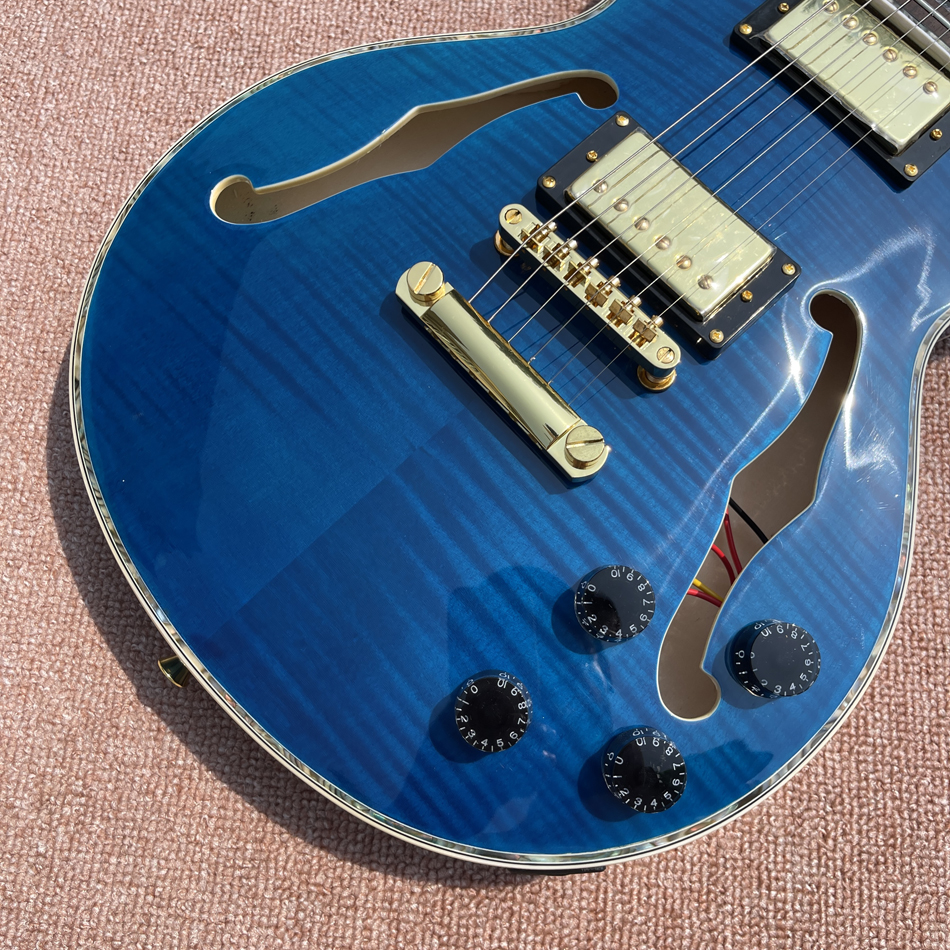 Custom shop, gemaakt in China, elektrische gitaar van hoge kwaliteit, abalone bloem ingelegde toets, F-gat, gratis levering