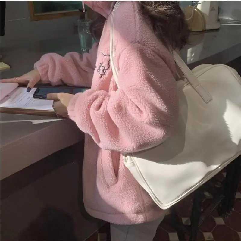 Felpe con cappuccio da donna Felpe invernali Lettera Rosa Zippercoat Agnello Lana Tenere al caldo Felpa da donna di media lunghezza Ricamo Simpatico orsetto biscotto Moda Pullover zln231124