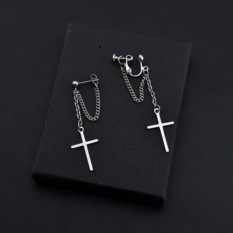 Wyolbrzymione fajne kolczyki łańcucha krzyżowego Gothic Silver Pleated Dangle Earring Clips Dark Street Women Mężczyźni No przebity punkowy prezent biżuterii