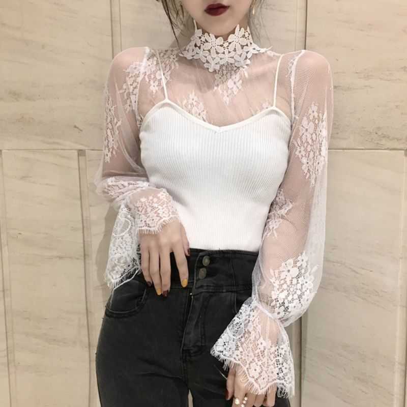 Women's T-Shirt Women Tops Mock Neck Long Sleeve Mesh T-Shirt Floral Applique Eyelash Lace Pullover Sexy Hollow Out Crochet Clubwear P230328