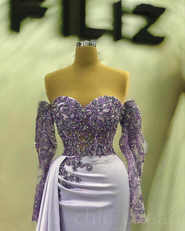 2023 avril Aso Ebi Lilac Sirène de bal de bal Crystals Crystals en dentelle Satin Soirée formelle Fête Deuxième réception Robes de fiançailles d'anniversaire robe robe de soirée zj622