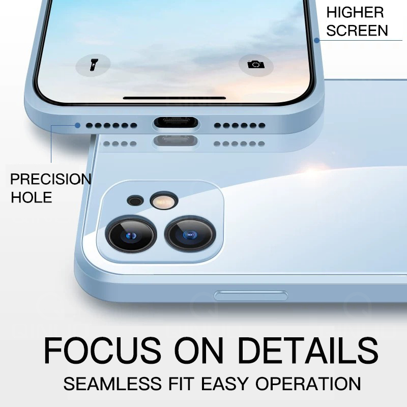 Coque en verre trempé d'origine en silicone liquide carré pour iPhone 14 13 12 Mini 11 Pro XS Max XR X 7 8 Plus SE Housse de protection antichoc