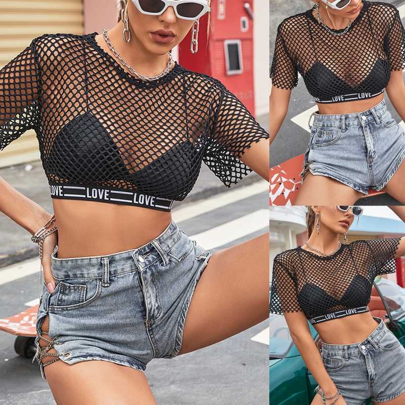 Kvinnors t-shirt Kvinnor Summer Short Sleeve Sheer Fishnet Crop Top Letters Striped Elastic Underbust Band See Through Mesh T-Shirt Blus P230328